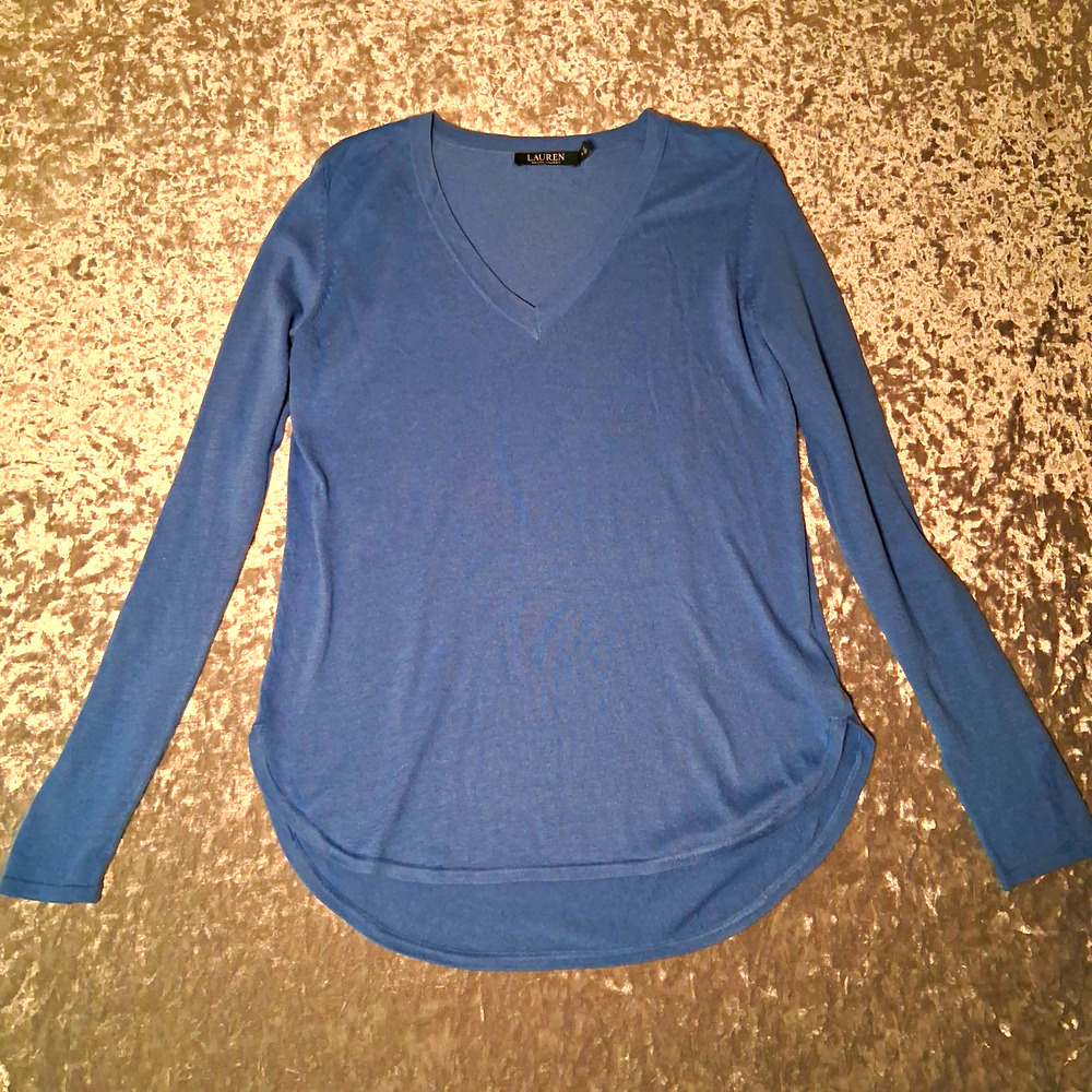 Lauren Ralph Lauren Women’s Blue V-Neck Long Sleeve Knit Modal Pullover, M